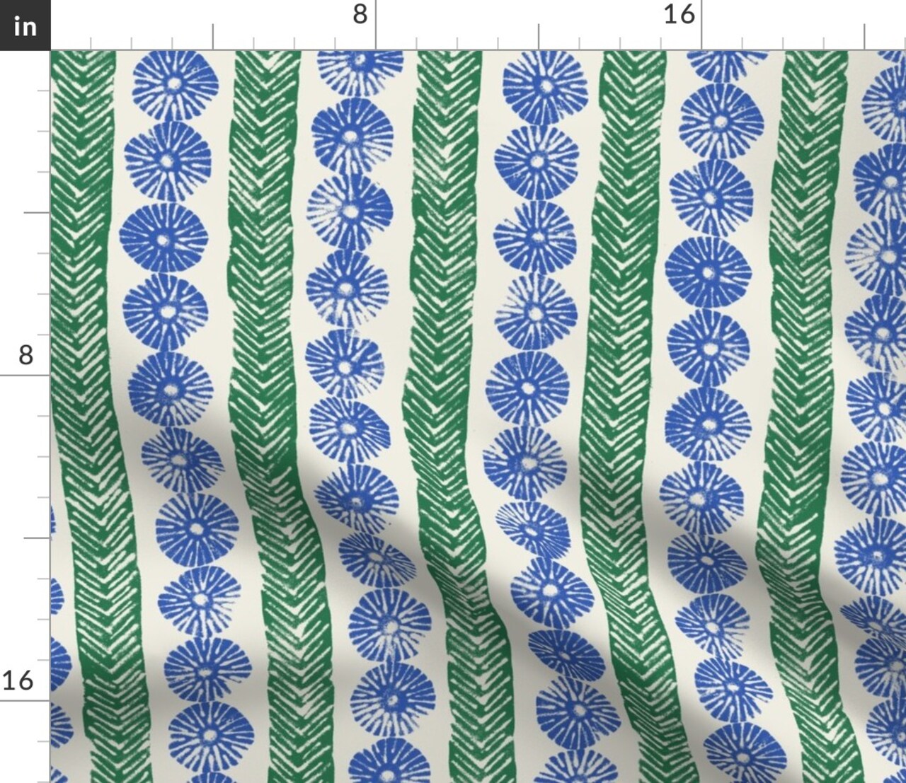 Block Print Floral Blue Green Geometric Stripes Mid-Century Jewel Tone Coastal Custom Printed Fabric by Spoonflower Various Fabrics by the Yard or Fat Quarter